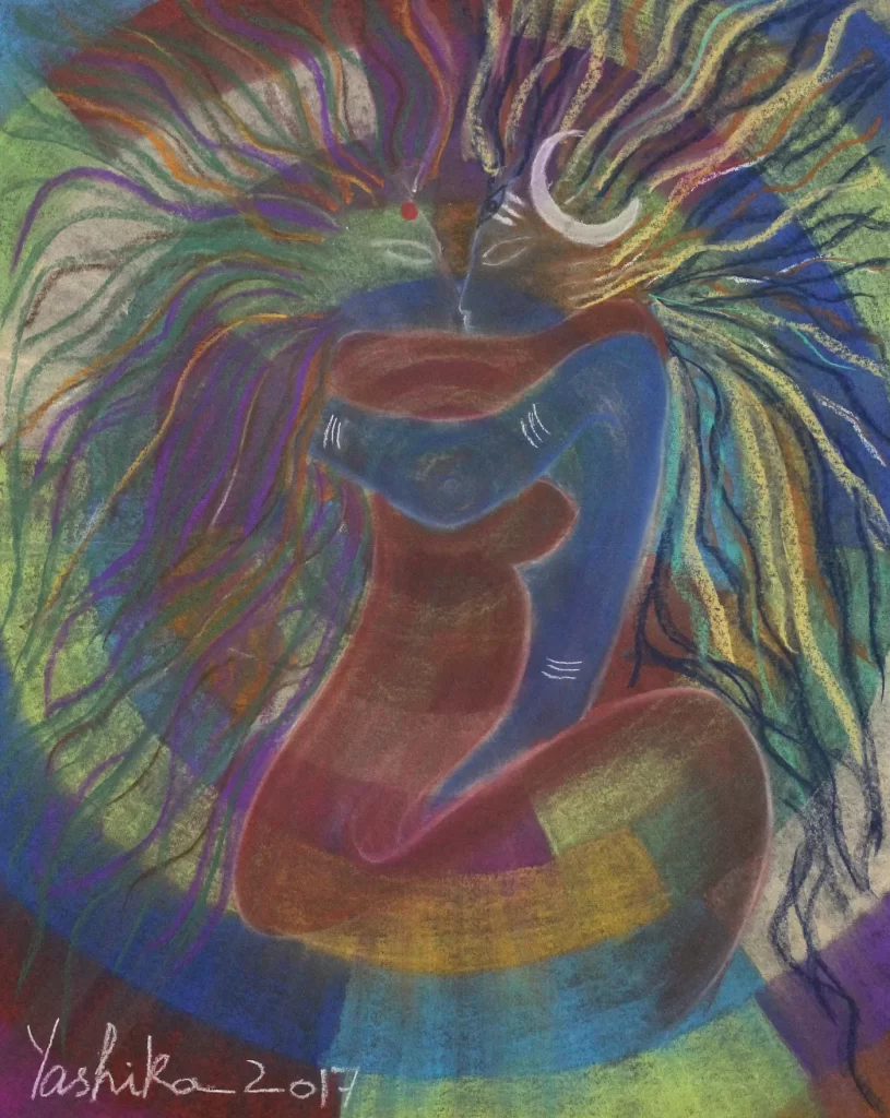 Artwork by Author (Title: The Cosmic Union of Shiva and Shakti, Soft pastels on paper)